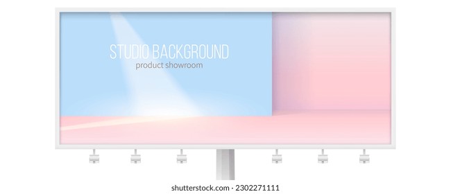Billboard con estudio para la exhibición de productos. Rayo de luz en la pared azul. Fondo geométrico.