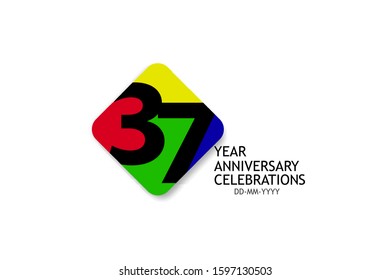 Billboard Style 37 year anniversary, minimalist logo years, jubilee 4 colors Black, red, yellow, green and purple, greeting card. invitation - Vector 