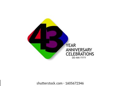Billboard Style 43 year anniversary, minimalist logo years, jubilee 4 colors Black, red, yellow, green and purple, greeting card. invitation - Vector 