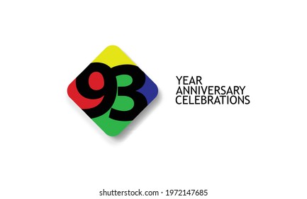 Billboard Style  93 year anniversary, minimalist logo years, jubilee 4 colors Black, red, yellow, green and purple, greeting card. invitation - Vector