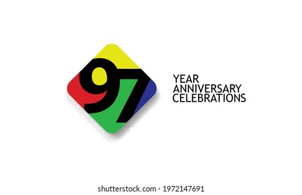 Billboard Style  97 year anniversary, minimalist logo years, jubilee 4 colors Black, red, yellow, green and purple, greeting card. invitation - Vector