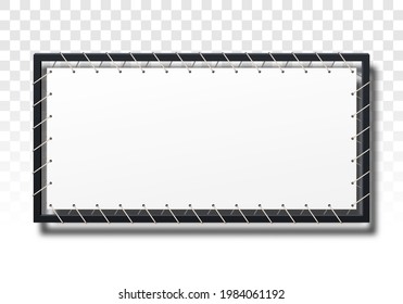 Billboard template. White stretch ad banner mockup on metal frame with empty copy space on transparent background. Vector illustration