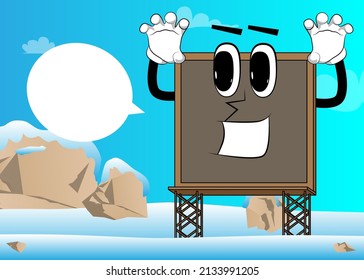 Billboard is trying to scare you. Cute cartoon advertisement sign, banner character.