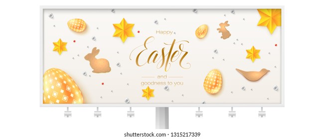 Billboard with vintage Easter pattern. Hand written calligraphic text of greetings for easter holidays. Easter eggs, stars and cookies in the form of rabbits in abstract pattern. 3d vector.