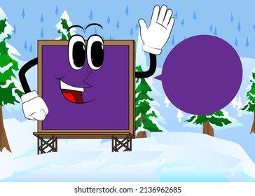 Billboard with waving hand. Cute cartoon advertisement sign, banner character.