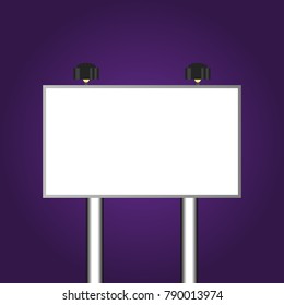 Billboard white blank with lights on violet background. Can be used show your products or text for advertising . Mockup for your advertisement and design. Vector illustration. EPS10.