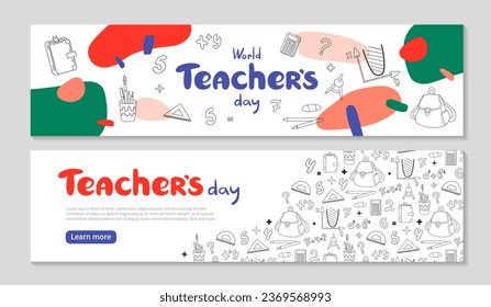 Billboard World Teachers day banner set. School doodle illustration and colored abstract spots. School background for your design. Teacher Lettering composition. Vector illustration.