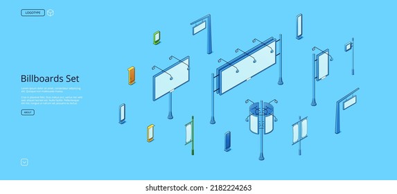 Billboards isometric web banner. Set of street signboards, stalls, booths or stands different constructions for outdoor advertising on blue background, 3d vector line art template for landing page
