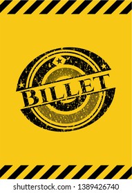 Billet black grunge emblem, yellow warning sign. Vector Illustration. Detailed.