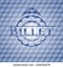 Billet blue emblem or badge with abstract geometric pattern background.