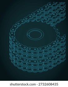 Billet double roller timing set close-up isometric blueprint. Stylized vector illustration