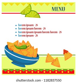 Billet layout for the menu. Mexican style. Hot pepper, nachos and lime. Vector on white background.