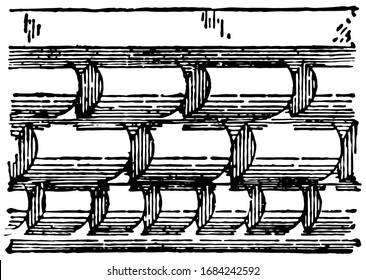 Billet Moulding, composed wholly or in part, series of billets, vintage line drawing or engraving illustration.