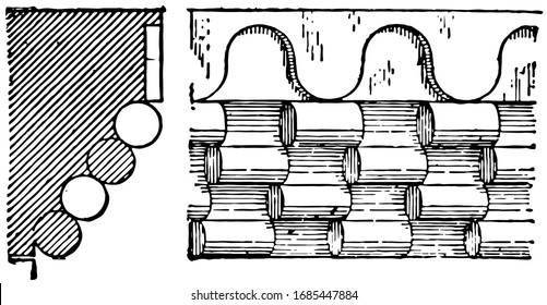 Billet Moulding, series of circular cylinders, single or multiple rows, vintage line drawing or engraving illustration.