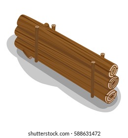 Billets in row prepared to make fire. Neatly stacked firewood with shadow on white background. Elements to make fire. Isolated vector illustration of logs laying on pallets in cartoon flat design