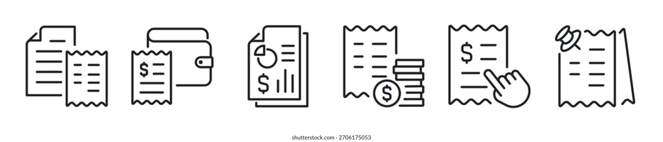 Conjunto de iconos de línea delgada Billfold. Iconos mínimos de Web