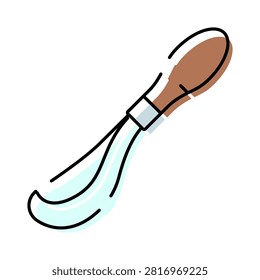 Billhook farm tool with brown wooden handle and curved blade, used for pruning, cutting vegetation, harvesting and clearing brush in gardening, forestry and agricultural work