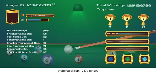 Billiad app game home page. with score cue trophy, level, profile, UI UX game design, American billiards, Vector illustration