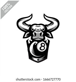 Billiard 8 Ball Bull Team Logo Design. Scalable And Editable Vector.