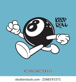Billiard 8 ball run saying " Keep Roll ". Mascot Character vector.