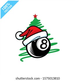 Billiard 8 ball santa hat with christmas tree background logo vector