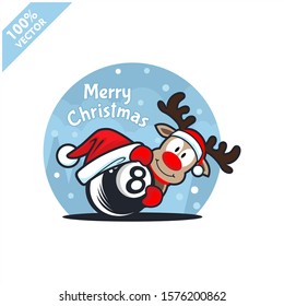 Billiard 8 ball santa hat with cartoon christmas deer logo vector