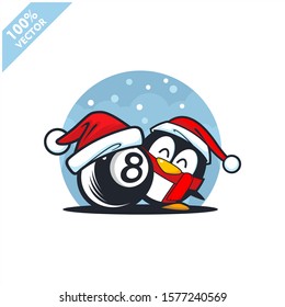 Billiard 8 ball santa hat with cartoon christmas penguin logo vector