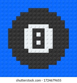Billiard 8 number black ball from plastic building bricks blocks toy. Blue background. vector illustration.
