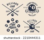 Billiard, 8-ball logo set. 4 billiard related labels, badges, emblems. Billiard emblem, poster templates. Vector illustration