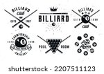 Billiard, 8-ball logo set. 6 billiard emblems with cue, balls, crown and banner icons. Hipster Design. Pool room, 8-ball. Emblem, poster templates. Vector illustration