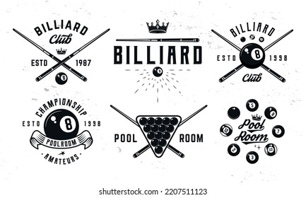 Billiard, 8-ball logo set. 6 billiard emblems with cue, balls, crown and banner icons. Hipster Design. Pool room, 8-ball. Emblem, poster templates. Vector illustration