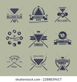 Billiard 8-ball logo set. Six billiard emblems with cues, balls, crowns, and banner icons. Hipster design. Pool room, 8-ball emblems, and poster templates. Vector illustration.
