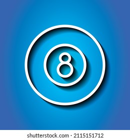 Billiard 8-ball simple icon. Flat desing. White icon with shadow on blue background.ai