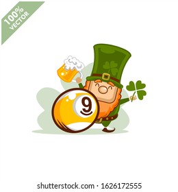  Billiard 9 ball happy Saint Patrick's Day theme. Cartoon character with green hat illustration vector logo.