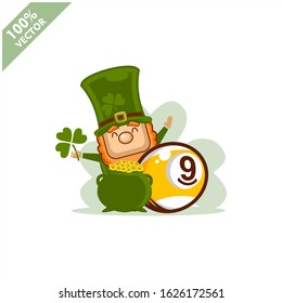  Billiard 9 ball happy Saint Patrick's Day theme. Cartoon character with green hat illustration vector logo.