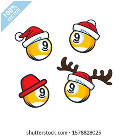 Billiard 9 ball with santa hat christmas theme set of 4 logo vector 