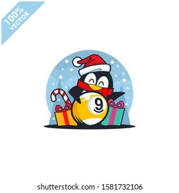 billiard 9 ball santa hat with cartoon christmas penguin logo vector	