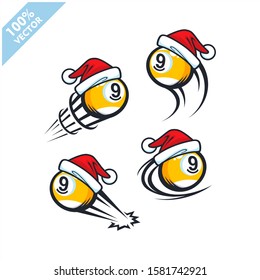 Billiard 9 ball with santa hat christmas theme set of 4 logo vector	