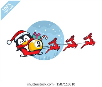 billiard 9 ball santa hat with cartoon christmas penguin logo vector