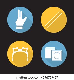 Billiard accessories flat design long shadow icons set. Pool equipment. Cues, chalk, glove, rest head. Vector silhouette illustration