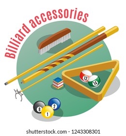 Billiard accessories isometric background with editable text and closeup view of lucky balls sticks and table vector illustration