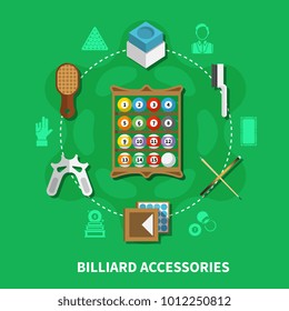 Billiard accessories round composition on green background with colorful balls, cues, brushes for cloth, chalk vector illustration 