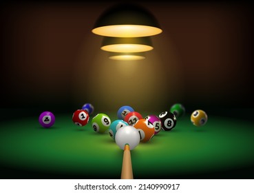 Billiard background with realistic cue hit gaming balls. Billiard room with green table and lights. Snooker or pool sport play vector banner. Professional tournament in hall indoor