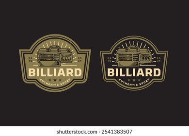 billiard bag, balls, cue, stick retro badge logo design for billiard sport club. snooker pool case with ball and cue vintage emblem logo collection for billiard snooker pool tournament 