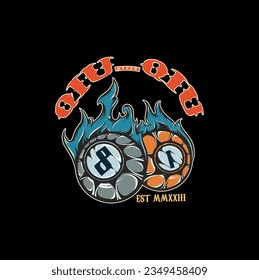 Billiard ball artwork with fire and text for poster and t-shirt