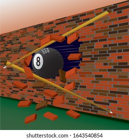 Billiard ball broke the wall. Vector illustration