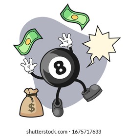 Caricatura de Billiard ball feliz mientras se atrapa dinero cayendo del cielo