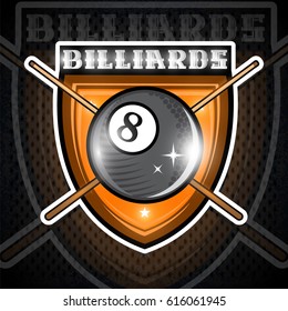 Billiard ball with crossed billiard cue in center of shield. Sport logo for any team or championship