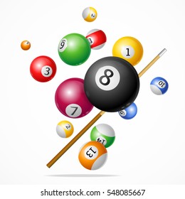 Billiard Ball with Cue Concept Ready for Cards, Posters. Fun Activities and Leisure Vector illustration