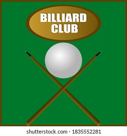 Balón de billar y cue en la mesa de juego. Bolsillo de Billiard para una esfera. Bolas en una pirámide. Rompe la pirámide. Club de juegos. Torneo deportivo. Plantilla del emblema del torneo para texto. Cartel. Vector.